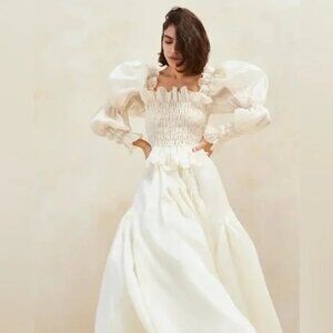 Loeffler Randall Suzette Silk Dress Cream Long Sleeve Smocked M